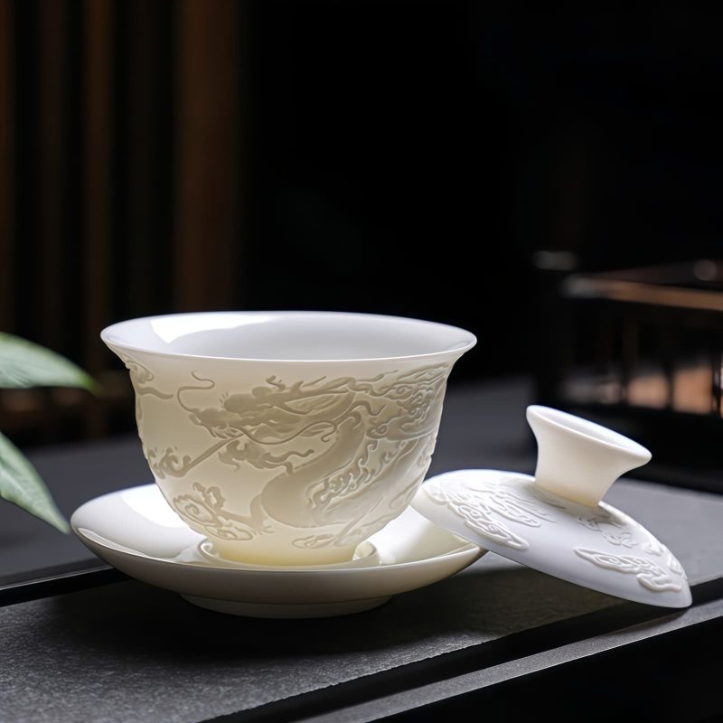 Edles Gongfu-Teeset aus Keramik mit Drachenrelief Exquisite Dragon Relief Ceramic Gongfu Tea Set - Authentic Chinese Tradition - 3