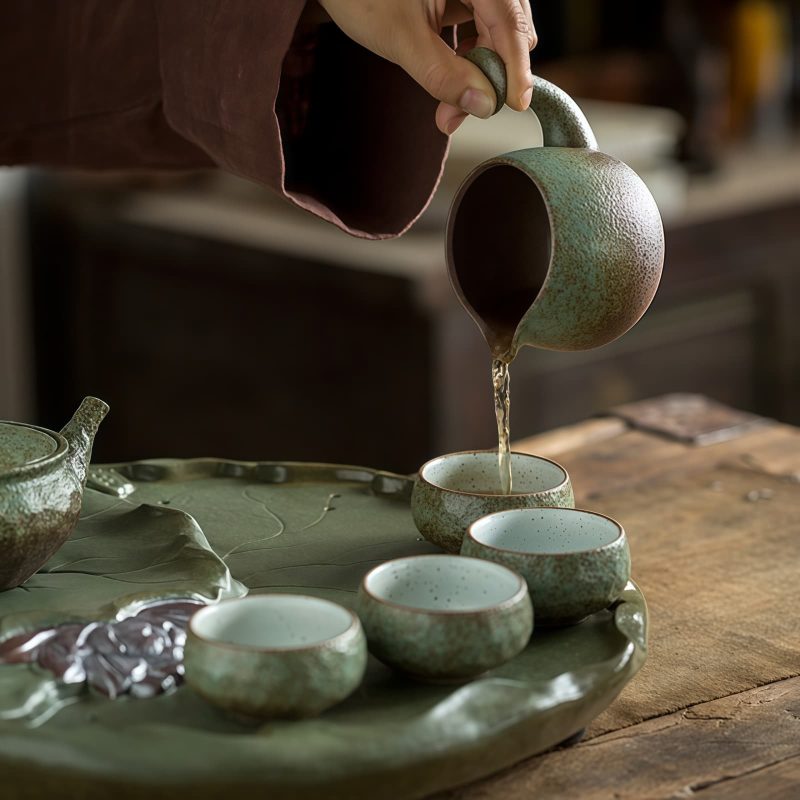 Lotus Japanese Gongfu Tea Set - Rough Pottery Ceremony Set - 4