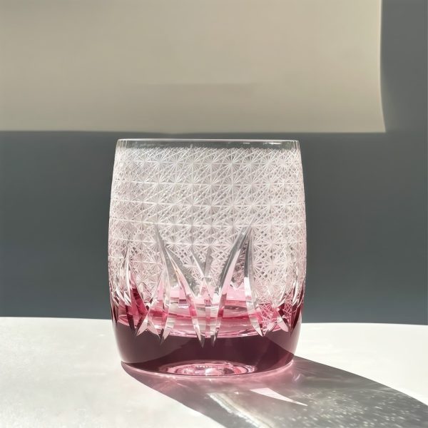Edo Kiriko Handcrafted Pink Ember Whiskey Glass - Starburst Crystal Tumbler - 1
