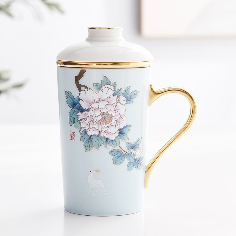 Porzellan-Teetasse mit Pfingstrosen-Motiv, Goldrand, Teesieb und Deckel Peony Porcelain Tea Mug with Gold Trim, Infuser & Lid | Elegant Tea Cup - 3