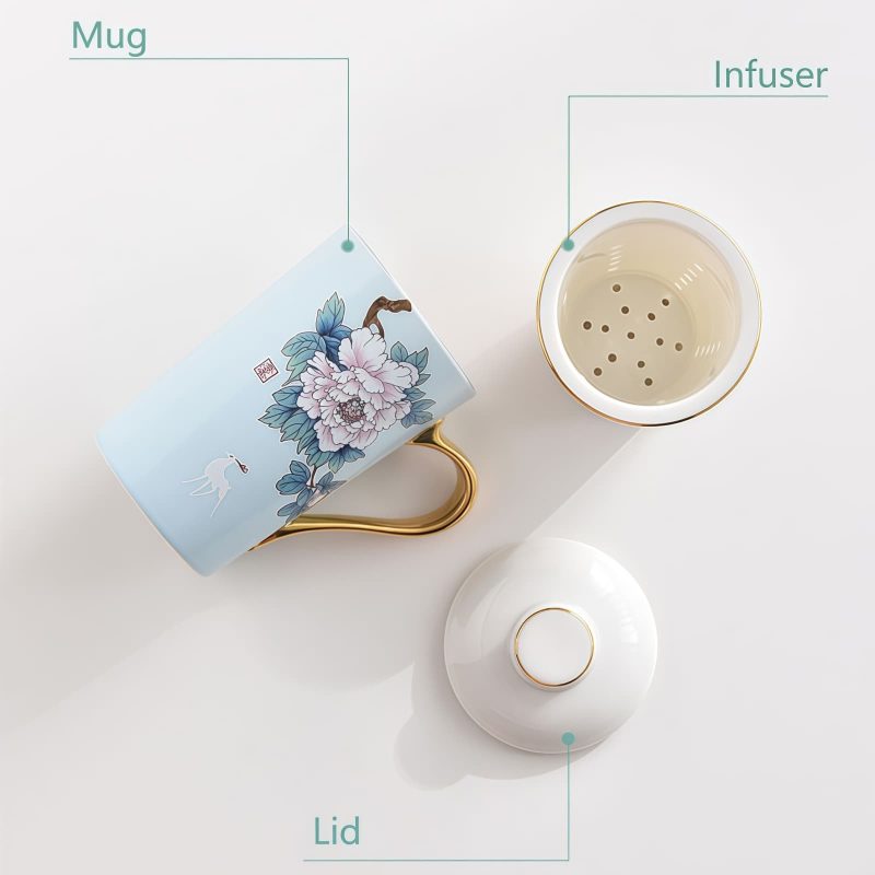 Porzellan-Teetasse mit Pfingstrosen-Motiv, Goldrand, Teesieb und Deckel Peony Porcelain Tea Mug with Gold Trim, Infuser & Lid | Elegant Tea Cup - 4