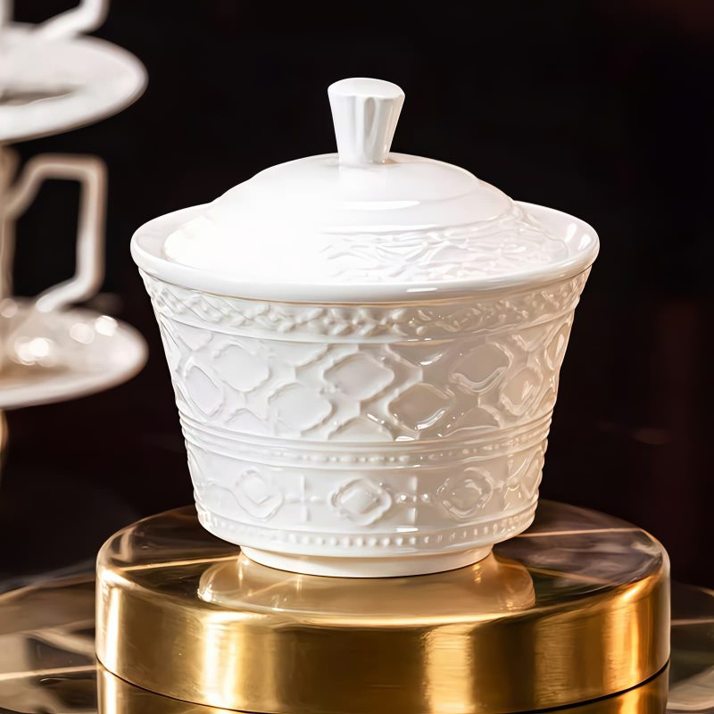 Weißes Porzellan-Teeservice mit Bohème-Relief White Bohemian Embossed Porcelain Tea Set - Elegant English Teaware - 5