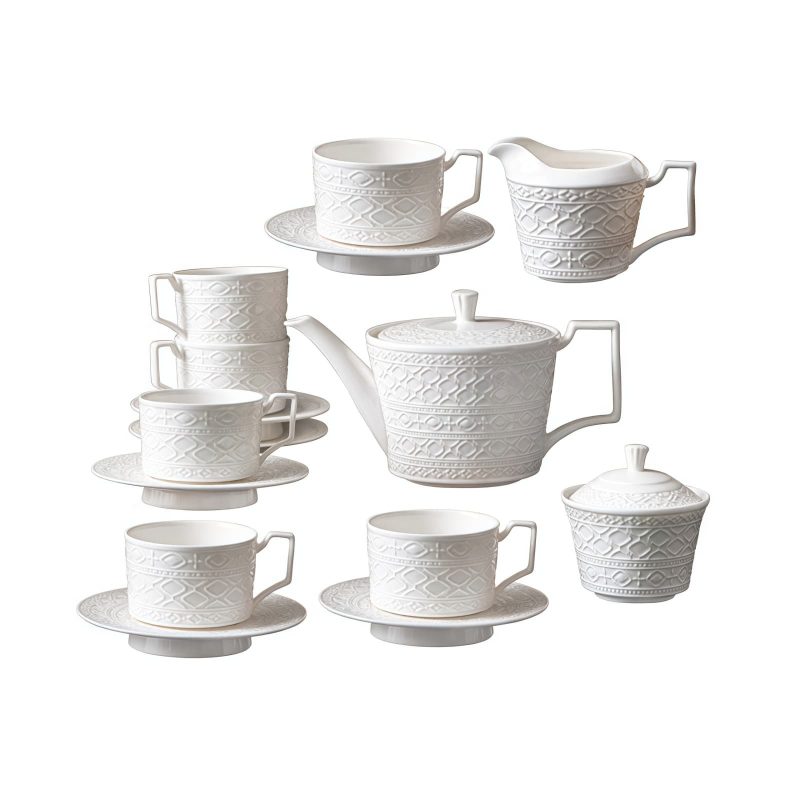 Weißes Porzellan-Teeservice mit Bohème-Relief White Bohemian Embossed Porcelain Tea Set - Elegant English Teaware - 1