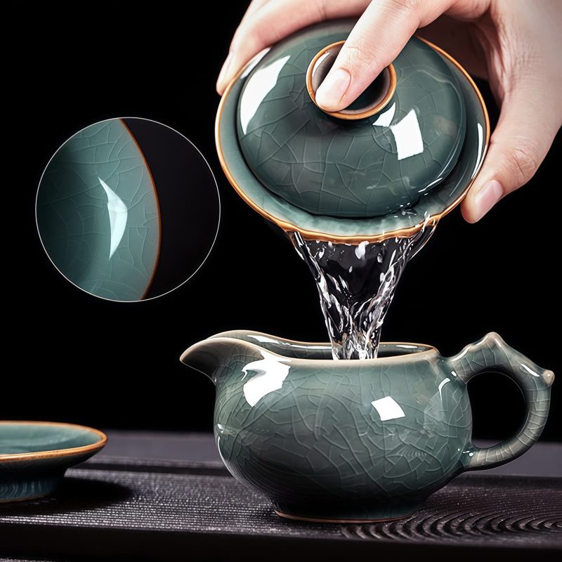 Handgefertigtes Gongfu-Teeservice aus Seladon-Porzellan mit Wassermelonen-Struktur Watermelon Texture Celadon Gongfu Tea Set | Handmade Jingdezhen Porcelain - 3