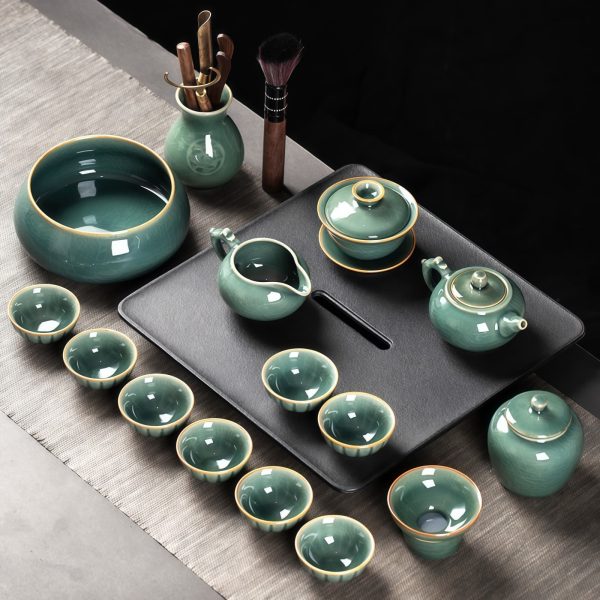 Handgefertigtes Gongfu-Teeservice aus Seladon-Porzellan mit Wassermelonen-Struktur