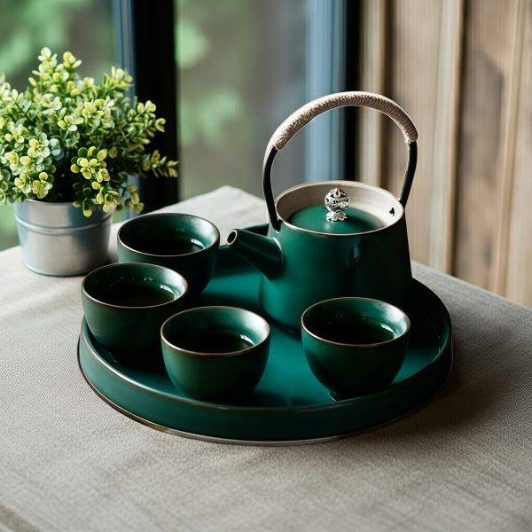 Minimalist Japanese Tea Set: Ceramic Teapot with Tray - 1