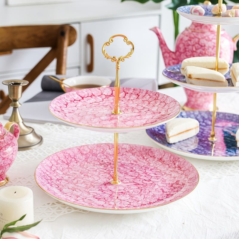 Etagere aus Bone China mit edlem Edelstein-Relief und goldenem Gestänge Gem-like Bone China Tiered Cake Stand with Gold Rods - 4