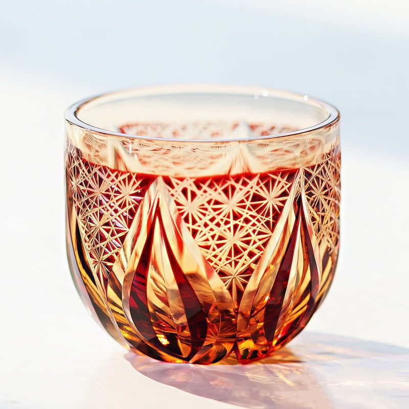 Handgefertigtes Edo-Kiriko Sake-Glas aus bernstein-rotem Kristall Edo Kiriko Handcrafted Red-Amber Crystal Sake Glass - 7