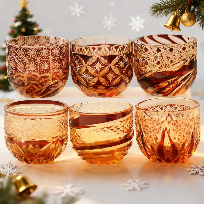 Handgefertigtes Edo-Kiriko Sake-Glas aus bernstein-rotem Kristall Edo Kiriko Handcrafted Red-Amber Crystal Sake Glass - 13