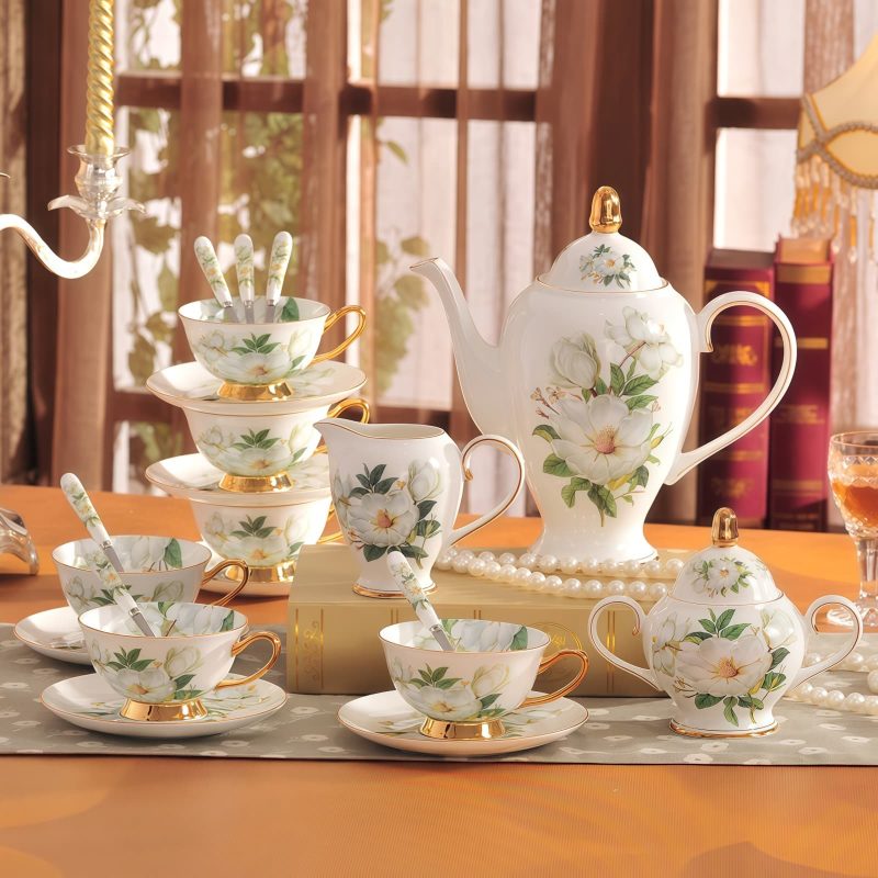 Vintage Camellia Bone China Tea Set - 15pc English Afternoon Tea Set - 6