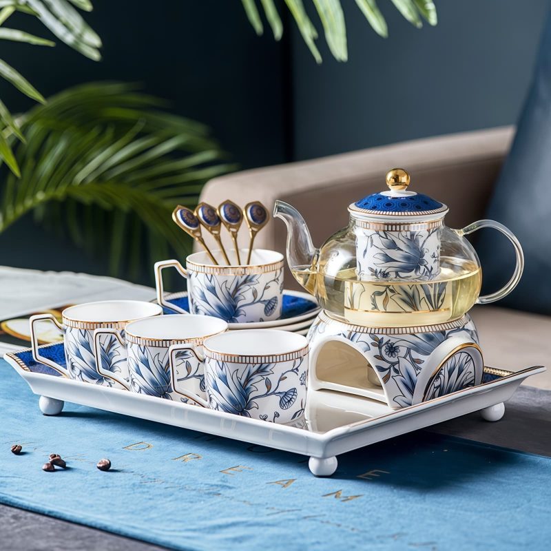 Blau-Weißes Yucca-Blüten Bone China Teeservice mit Stövchen Blue White Yucca Flower Bone China Tea Set with Warmer - 5