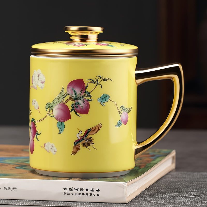 Peaches & Crane Porcelain Tea Mug with Infuser, Lid & Gold Trim - 6