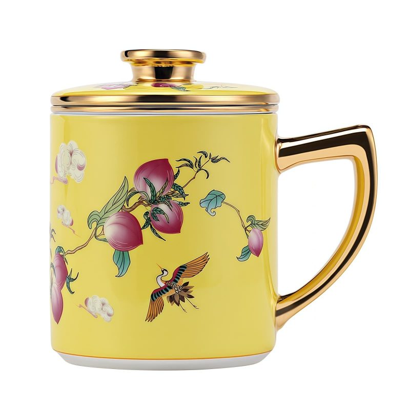 Peaches & Crane Porcelain Tea Mug with Infuser, Lid & Gold Trim - 9
