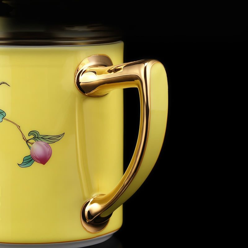 Peaches & Crane Porcelain Tea Mug with Infuser, Lid & Gold Trim - 3