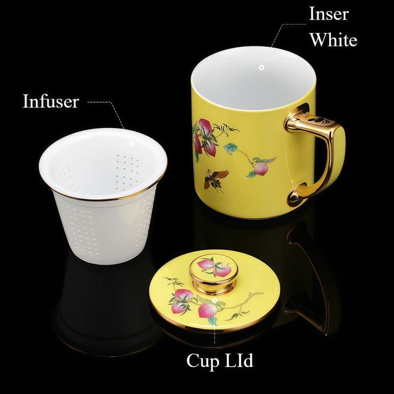 Peaches & Crane Porcelain Tea Mug with Infuser, Lid & Gold Trim - 2