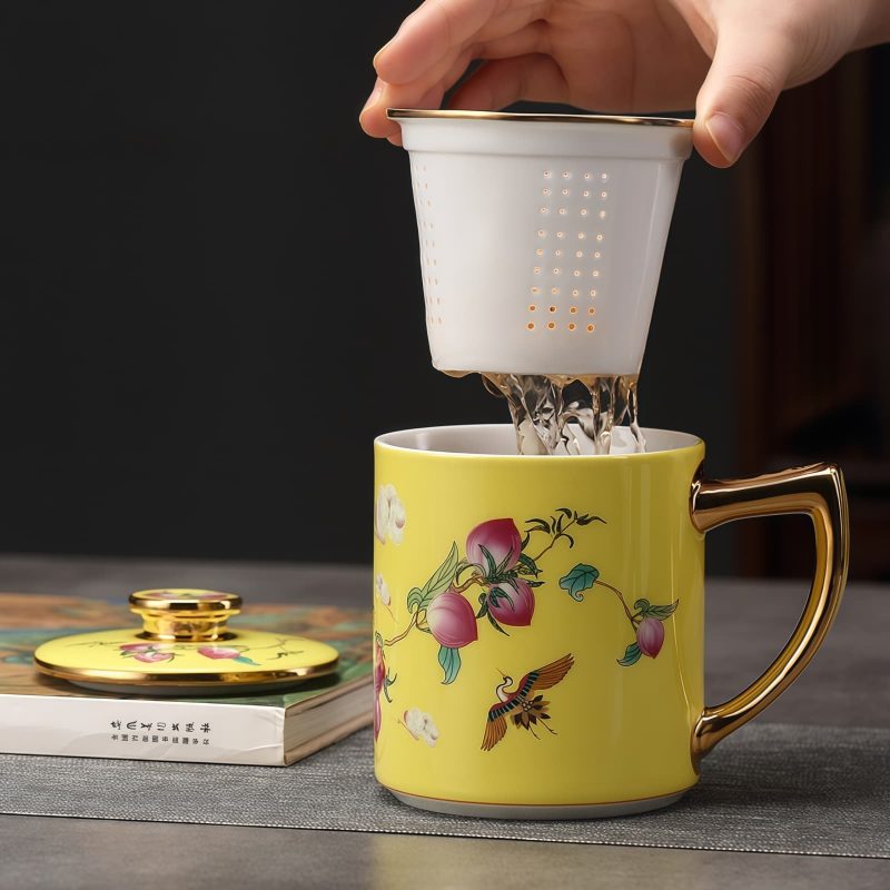 Peaches & Crane Porcelain Tea Mug with Infuser, Lid & Gold Trim - 7