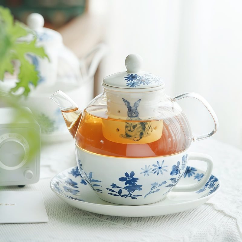 Tea-for-One-Set „Blue Rabbit“ aus Bone China & Glas mit Teesieb Blue Rabbit Floral Bone China & Glass Tea for One Set with Infuser - 9
