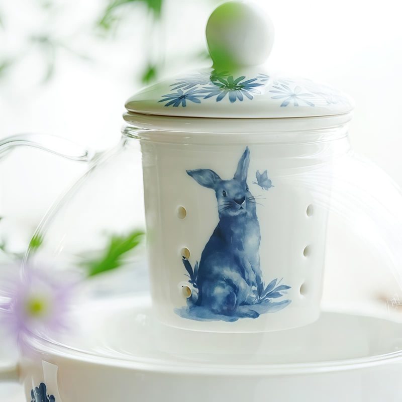 Tea-for-One-Set „Blue Rabbit“ aus Bone China & Glas mit Teesieb Blue Rabbit Floral Bone China & Glass Tea for One Set with Infuser - 6