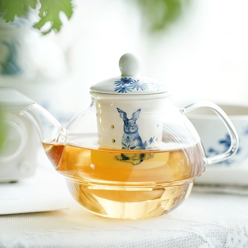 Tea-for-One-Set „Blue Rabbit“ aus Bone China & Glas mit Teesieb Blue Rabbit Floral Bone China & Glass Tea for One Set with Infuser - 5