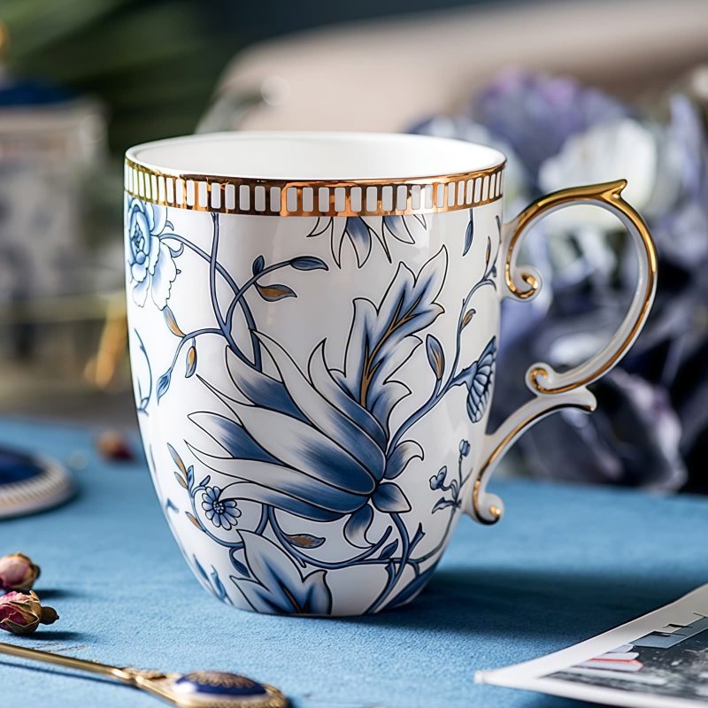 Bone-China-Tasse mit Deckel und Löffel im blau-weißen Magnolien-Design Blue & White Magnolia Bone China Mug with Lid & Spoon - 2