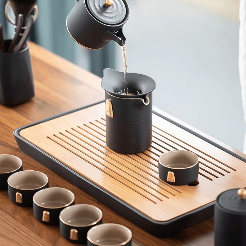 Gongfu-Teeset aus mattschwarzer Keramik mit Teetablett Pure Black Ceramic Kung Fu Tea Set with Tray | Authentic Gongfu Ceremony - 3