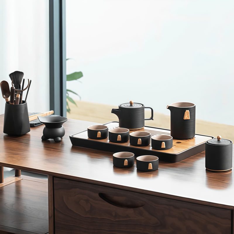 Gongfu-Teeset aus mattschwarzer Keramik mit Teetablett Pure Black Ceramic Kung Fu Tea Set with Tray | Authentic Gongfu Ceremony - 1