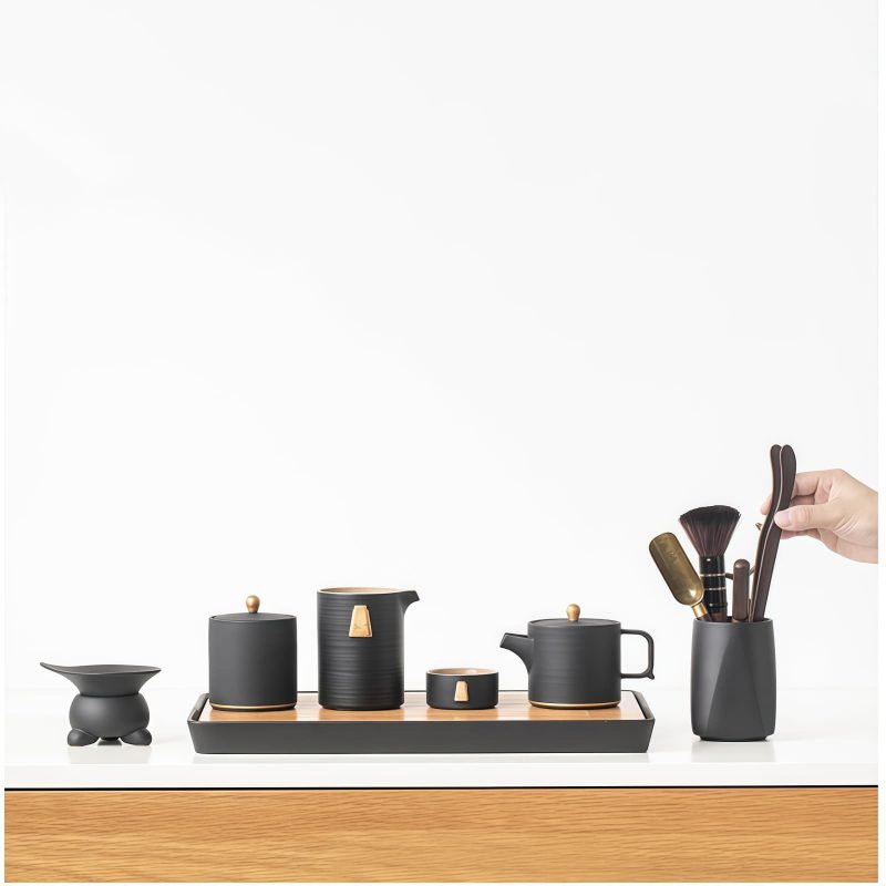 Gongfu-Teeset aus mattschwarzer Keramik mit Teetablett Pure Black Ceramic Kung Fu Tea Set with Tray | Authentic Gongfu Ceremony - 2