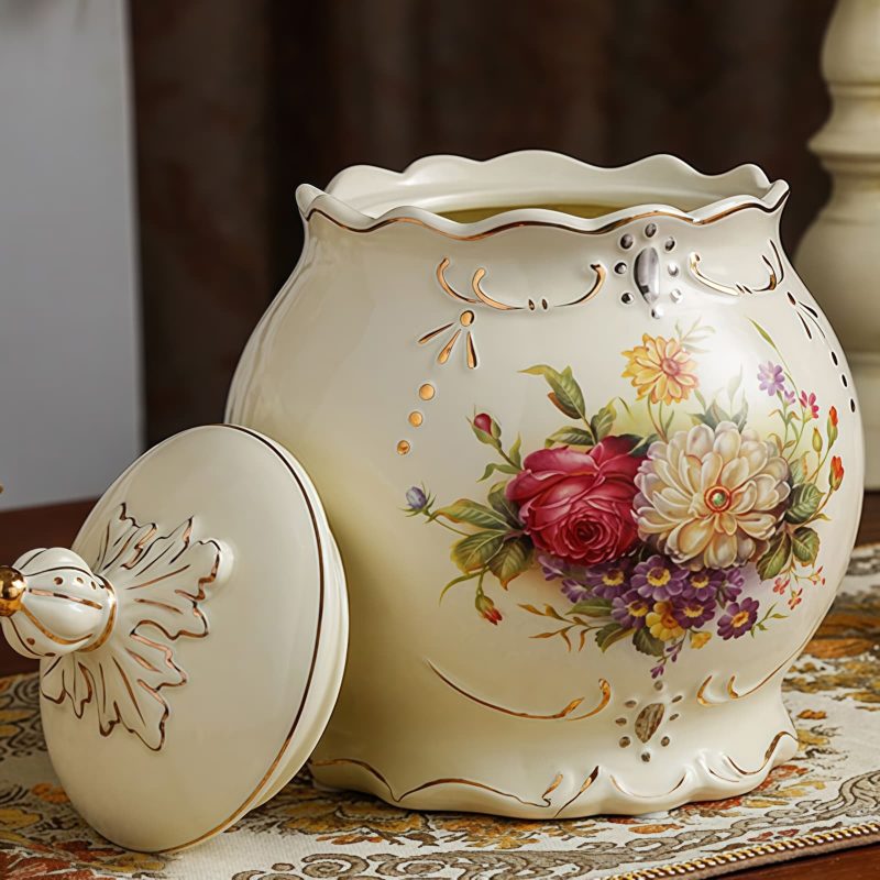Klassische europäische Vintage-Teedose aus Keramik mit Hibiskus-Motiv Vintage Hibiscus Ceramic Airtight Tea Caddy | European Loose Leaf Storage - 4