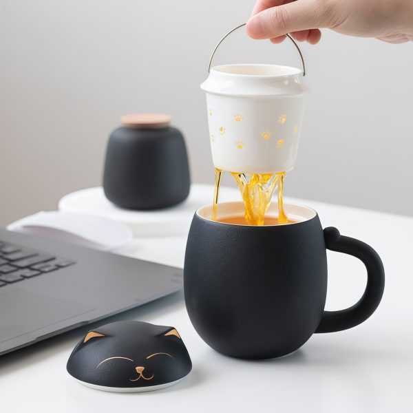 Keramik-Teetasse mit Katzenmotiv, Teesieb & Deckel Keramik-Teetasse mit Katzenmotiv, Teesieb & Deckel