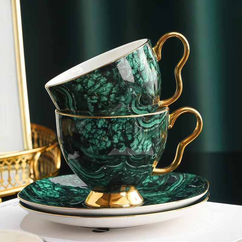 Grünes Porzellan-Teeset im englischen Stil mit eleganter Kanne & Goldrand Luxury English Tea Set: Porcelain Teapot Set (Green) - 4