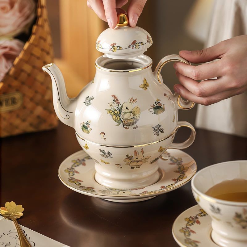 Bunny Floral Porcelain Tea for One Set with Gold Trimmings - 2