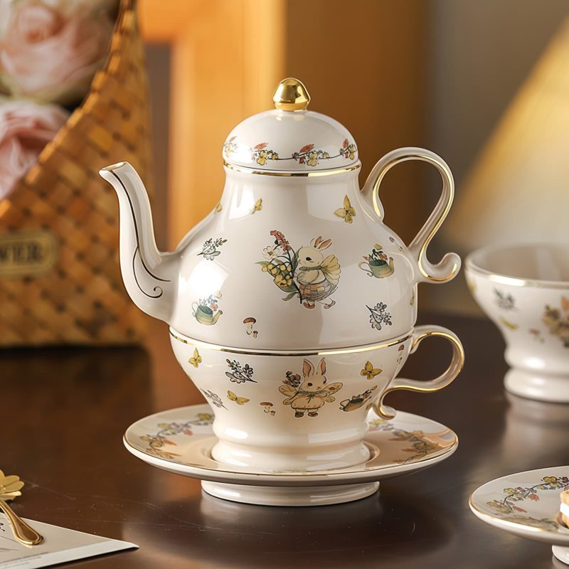 Bunny Floral Porcelain Tea for One Set with Gold Trimmings - 6