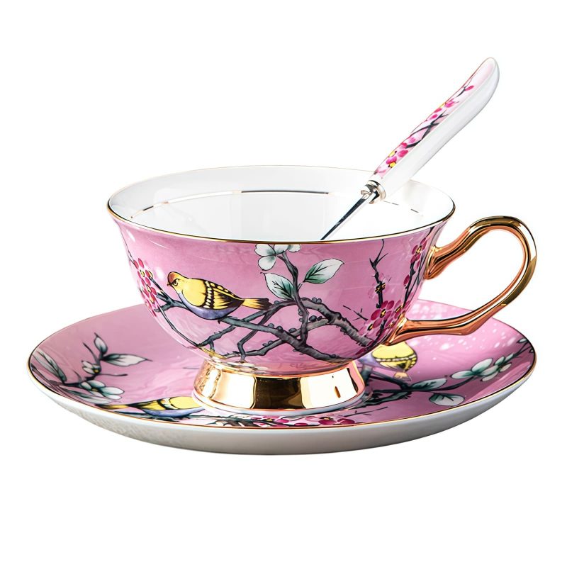 Teetassen-Set aus Bone China in Rosa mit Blumen- und Vogelmotiv und Goldgriff Pink Floral Bird Bone China Tea Cup Set with Gold Handles - 6