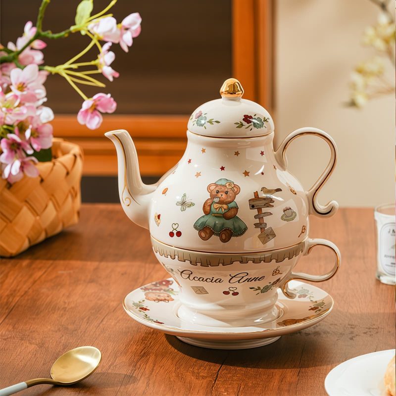 Tea-for-One-Set aus Porzellan mit Bären-Illustration Bear Illustration Porcelain Tea for One Set | Whimsical Teapot & Cup - 9