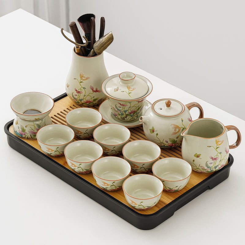 Kung-Fu-Teeservice aus Keramik mit Blumen- und Schmetterlingsdekor Floral Chinese Kung Fu Tea Set - Elegant Ceramic Tea Ceremony Service - 8