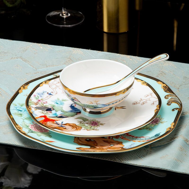Blue Phoenix Bone China Dinnerware Set with Gold Rims - 9