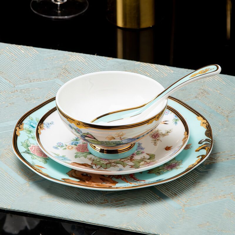 Blue Phoenix Bone China Dinnerware Set with Gold Rims - 8