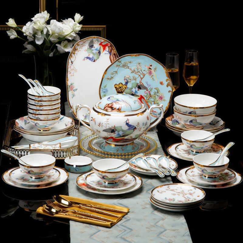Blue Phoenix Bone China Dinnerware Set with Gold Rims - 13