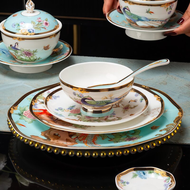 Blue Phoenix Bone China Dinnerware Set with Gold Rims - 12