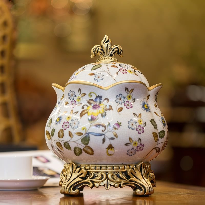 Klassische Teedose aus Keramik mit Lotusblüten-Motiv | Europäischer Vintage-Stil European Vintage Lotus Flower Ceramic Airtight Tea Caddy - 1