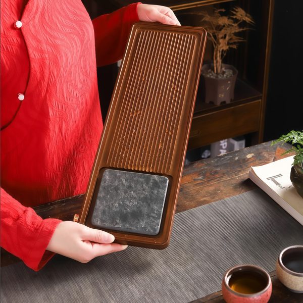 Gongfu Tee-Tablett aus Hartbambus und Wujin-Stein mit Ablaufsystem
