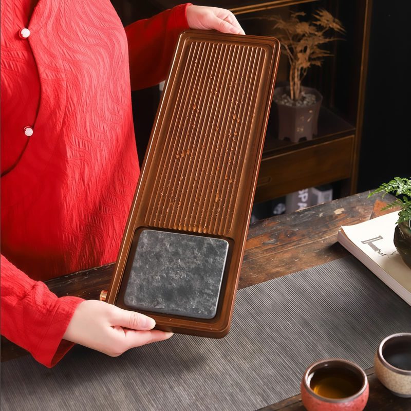 Hard Bamboo Wujin Stone Gongfu Tea Tray with Drainage System - 1