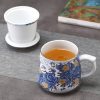 Keramik-Teebecher mit Sieb & Deckel – Goldene Pflaumenblüte & Wellen Gold Plum Waves Ceramic Tea Mug with Infuser & Lid - Elegant 12oz Steeping Cup - 8