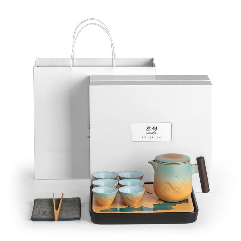 Chinesisches Keramik-Teeset „Berglandschaft“ mit integriertem Sieb & Tablett Mountain Landscape Ceramic Chinese Tea Set w/ Infuser & Tray - 7
