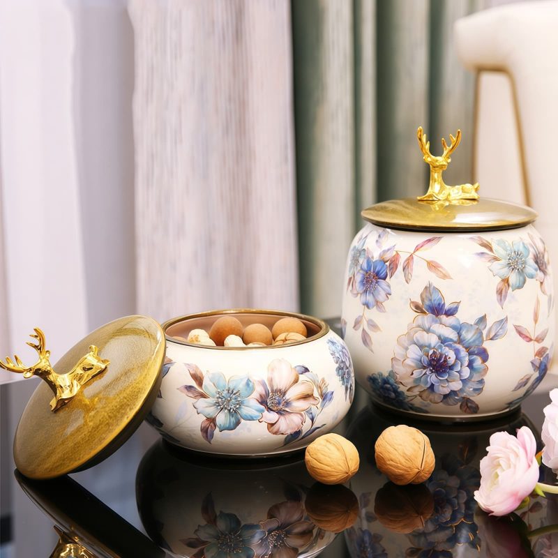 Peony Ceramic Tea Caddy with Gold Deer Lid & Airtight Seal - 2