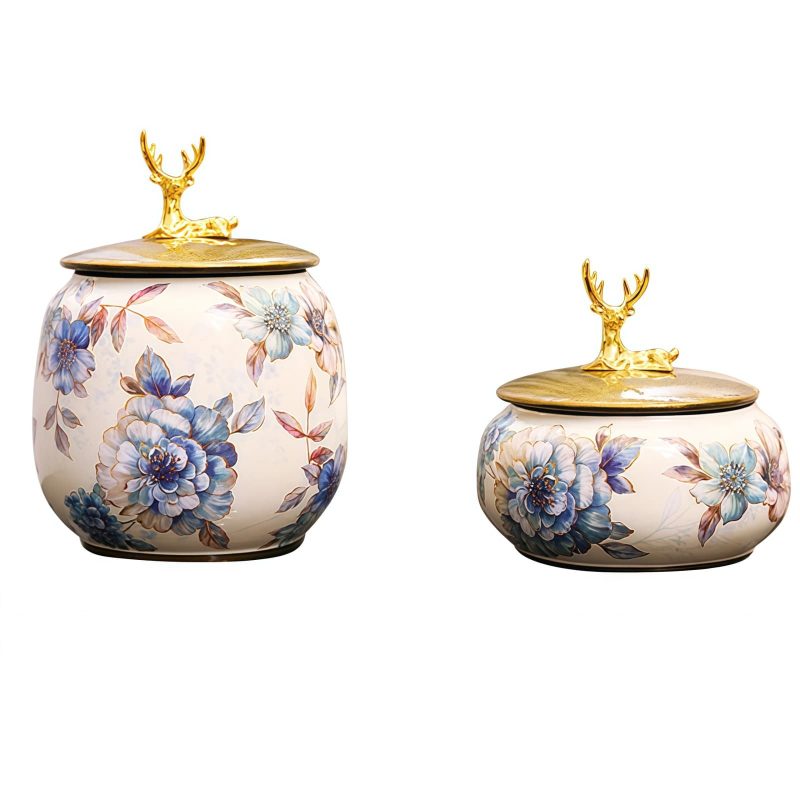 Peony Ceramic Tea Caddy with Gold Deer Lid & Airtight Seal - 6