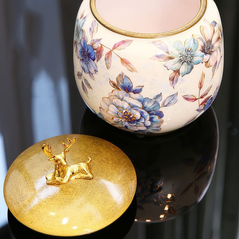 Peony Ceramic Tea Caddy with Gold Deer Lid & Airtight Seal - 3