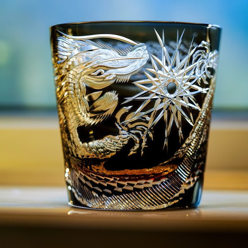 Handgefertigtes Edo-Kiriko-Whiskyglas mit Drachenmotiv und Holzkiste Edo Kiriko Dragon Motif Whisky Glass | Handcrafted Japanese Glass - 3