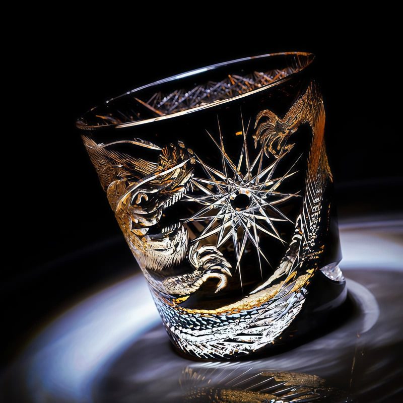 Handgefertigtes Edo-Kiriko-Whiskyglas mit Drachenmotiv und Holzkiste Edo Kiriko Dragon Motif Whisky Glass | Handcrafted Japanese Glass - 1