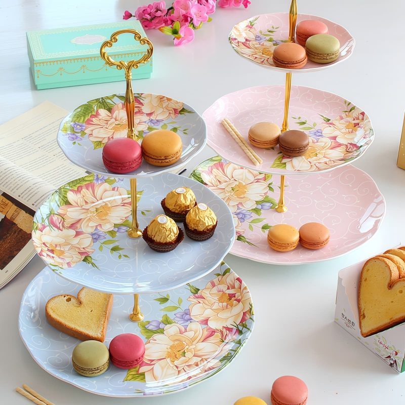 Etagere 3-stöckig aus Bone China mit Blumenmuster und Silbergestänge Flower Bone China 3-Tier Cake Stand with Silver Rods - 1